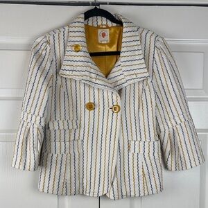 Anthropologie Tulle Striped Cropped Blazer Mustard & Gray Embroidered Sz Large